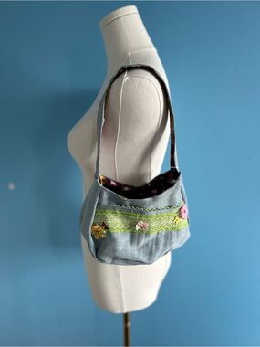 Handmade Blue Floral Accent Crossbody Bag with Beaded Charm